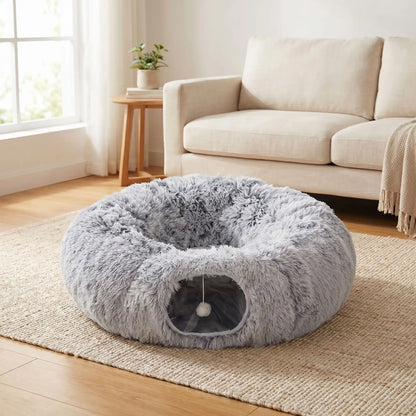tunnel chat tout doux en forme de lit douillet avec balle suspendue a l entree