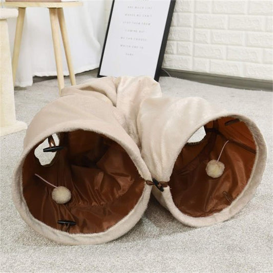 tunnel pour chat en peluche modulable beige et marron