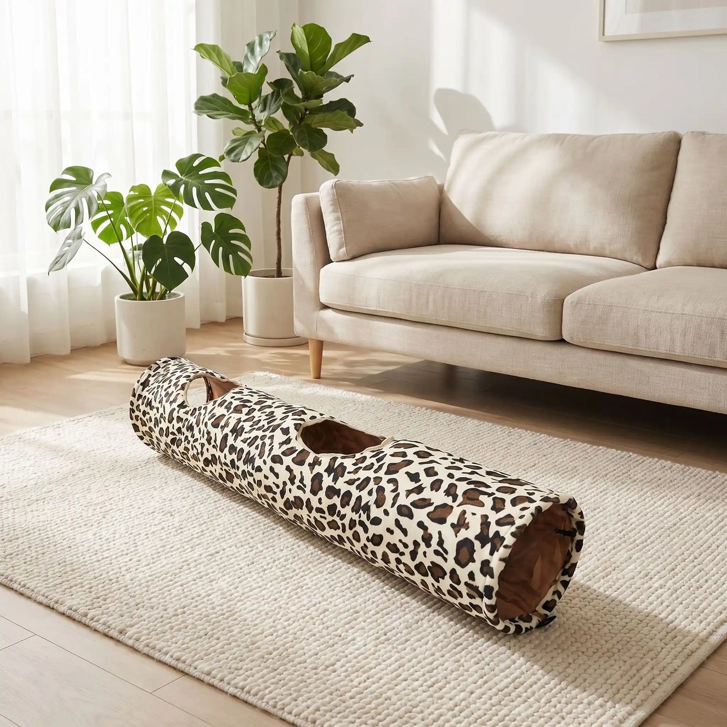 tunnel pour chat tout doux en imprime leopard a ouvertures laterales