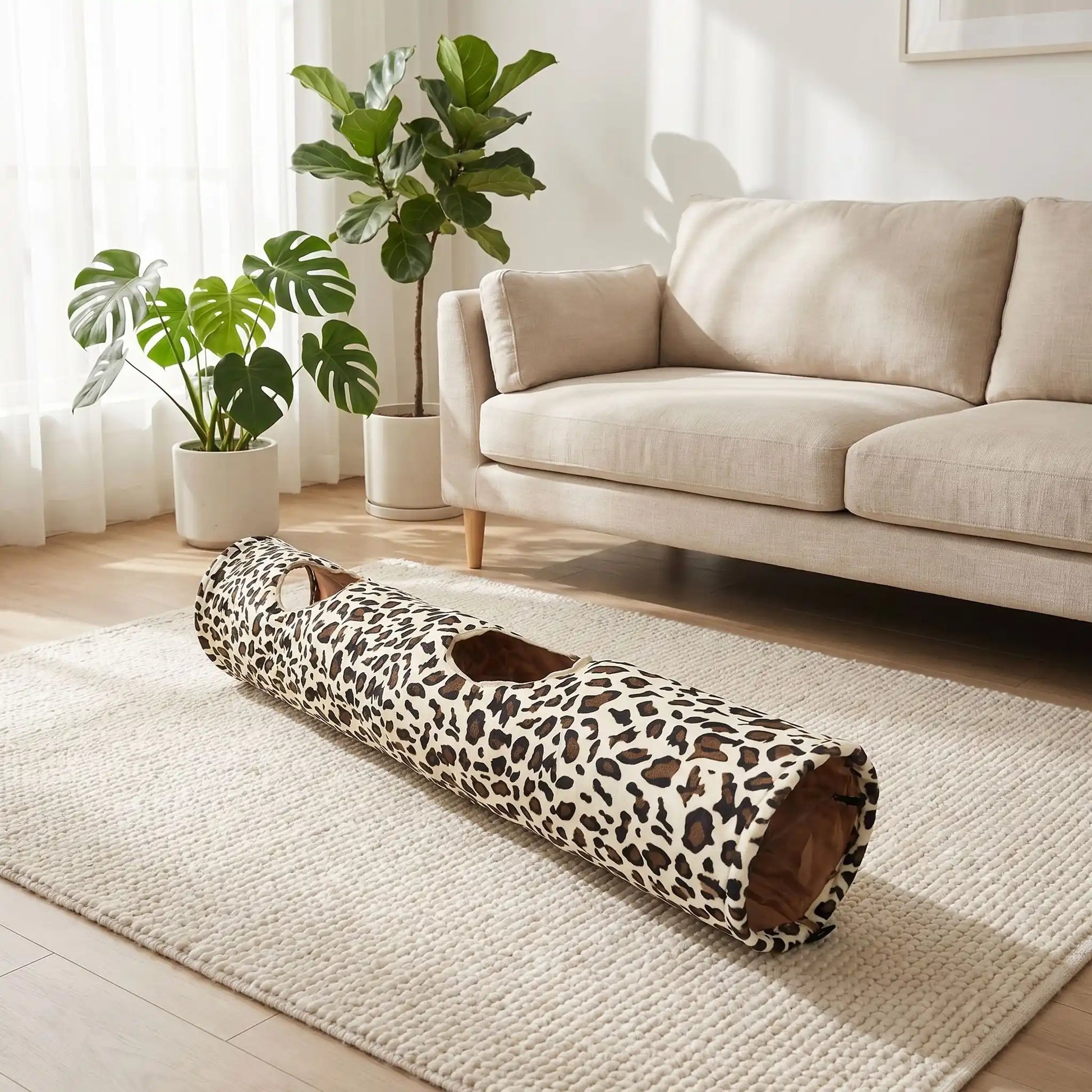 tunnel pour chat tout doux en imprime leopard a ouvertures laterales