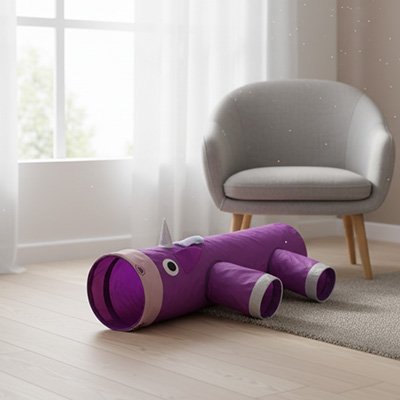tunnel pour chat violet et rose en tissu en forme de licorne